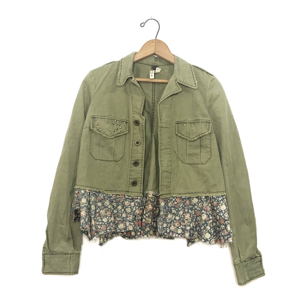 We The Free Olive Green Utility Jacket with Floral Hem